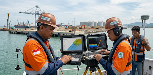 Tim teknisi sedang melakukan survei batimetri di area pelabuhan menggunakan echosounder dan peralatan GNSS presisi.