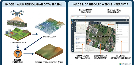 Tahapan pengolahan data spasial dari foto udara menjadi Digital Terrain Model dan Dashboard WebGIS interaktif.