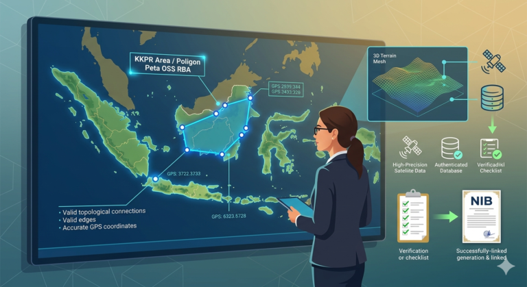 Visualisasi langkah-langkah teknis pembuatan Poligon Peta untuk OSS RBA yang presisi, mulai dari pengukuran lapangan hingga verifikasi NIB.