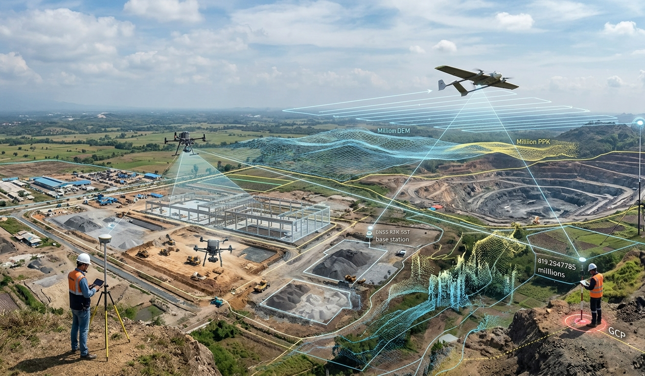 Visualisasi teknologi survei udara menggunakan drone UAV untuk pemetaan 3D dan pemindaian area tambang serta konstruksi secara presisi.