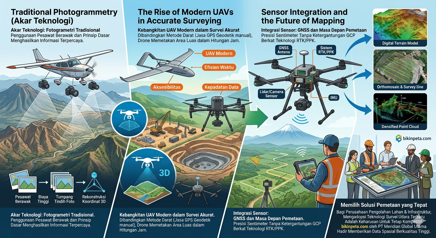 Infografis evolusi teknologi survei udara dari fotogrametri tradisional, drone UAV modern, hingga integrasi sensor GNSS untuk pemetaan presisi.