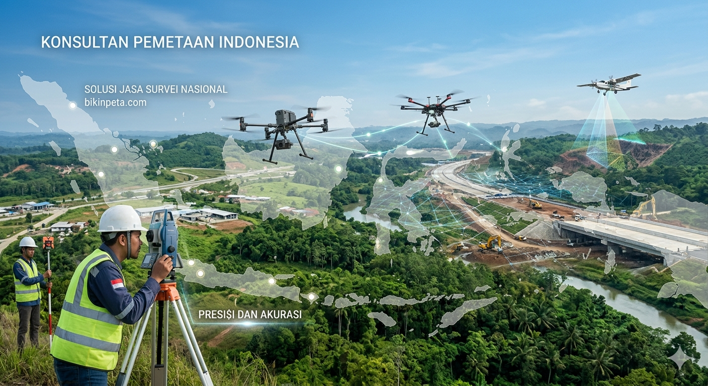 Konsultan Pemetaan Indonesia menggunakan teknologi drone dan LiDAR untuk jasa survei nasional.