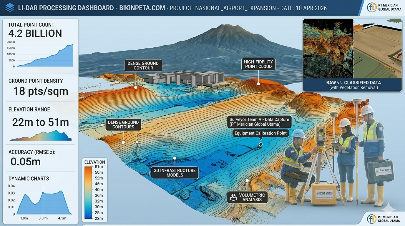 Dashboard pemrosesan data LiDAR dari Konsultan Pemetaan Indonesia untuk akurasi survei topografi nasional.
