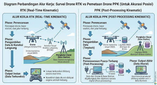 Diagram Perbandingan Alur Kerja Survei Drone RTK vs Pemetaan Drone PPK untuk Peta Kontur