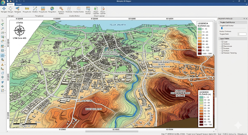 Visualisasi peta topografi 3D menggunakan software Bikinpeta 3D Mapper yang menampilkan kontur elevasi wilayah perkotaan dan pesisir.