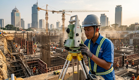 Jasa survei topografi Jakarta menggunakan alat Total Station di lokasi proyek konstruksi.