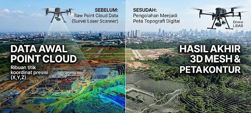 Perbandingan data awal point cloud dan hasil akhir 3D mesh pemetaan menggunakan jasa LiDAR Indonesia.