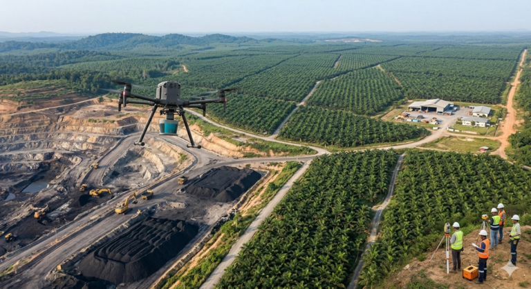 Visualisasi pemetaan udara menggunakan drone LiDAR di area tambang batubara dan perkebunan sawit untuk audit batas konsesi dan perhitungan volume.