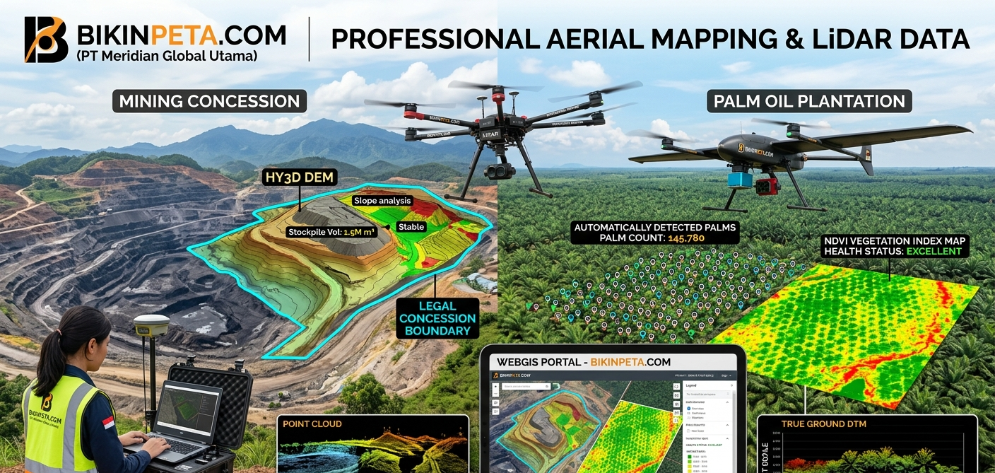 Visualisasi teknologi pemetaan udara LiDAR untuk konsesi tambang dan perkebunan sawit oleh bikinpeta.com, menampilkan peta DEM, analisis vegetasi, dan pemantauan batas wilayah.