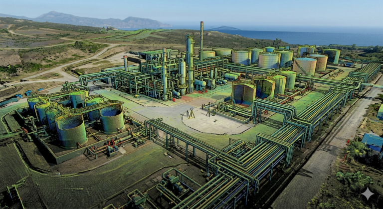 Visualisasi data 3D point cloud hasil pemetaan laser scanner pada fasilitas Onshore Receiving Facility (ORF) migas oleh PT Meridian Global Utama.
