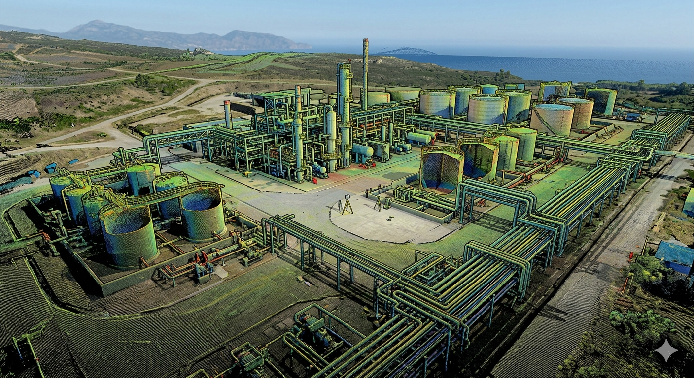 Visualisasi data 3D point cloud hasil pemetaan laser scanner pada fasilitas Onshore Receiving Facility (ORF) migas oleh PT Meridian Global Utama.