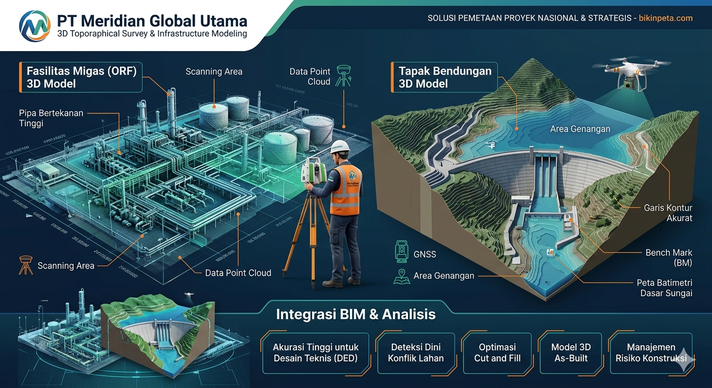 Infografis alur kerja survei topografi presisi oleh PT Meridian Global Utama.