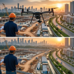 Tim surveyor konstruksi menggunakan drone LiDAR untuk pemetaan lahan 3D dan perencanaan Smart City di area proyek gedung perkotaan.