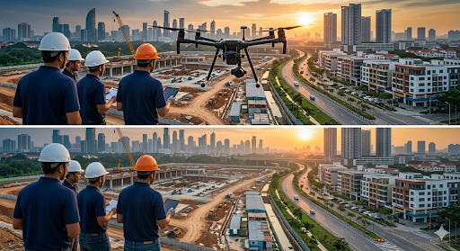 Tim surveyor konstruksi menggunakan drone LiDAR untuk pemetaan lahan 3D dan perencanaan Smart City di area proyek gedung perkotaan.