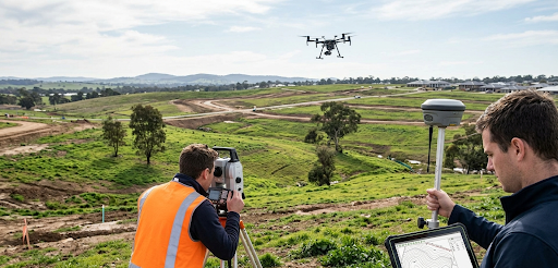 Tim profesional sedang melakukan survei topografi untuk menghitung biaya jasa ukur tanah per hektar menggunakan drone dan GPS GNSS.