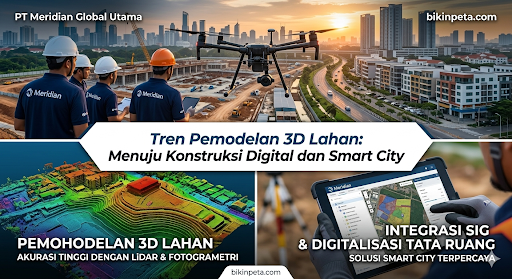 1. Teks Alt (Alt Text)Isi dengan: Infografis pemodelan 3D lahan dan visualisasi data SIG pada tablet untuk perencanaan konstruksi digital smart city oleh PT Meridian Global Utama.