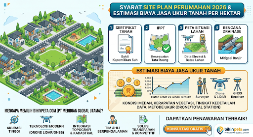 Infografis Biaya Jasa Ukur Tanah per Hektar 2026 dan Syarat Site Plan Perumahan bikinpeta.com.